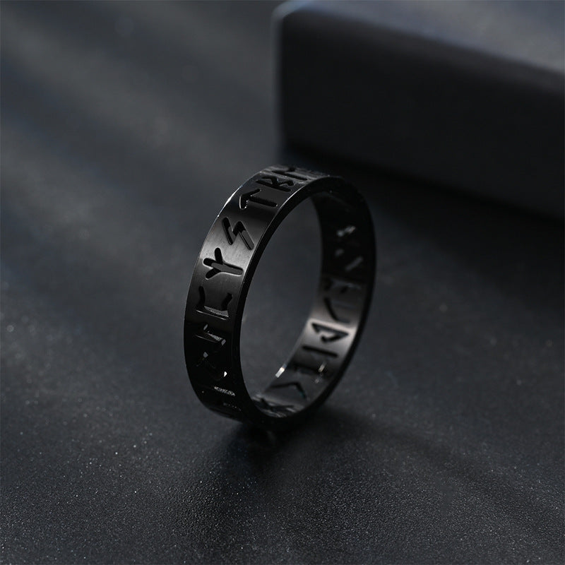 Hollow Rune Stainless Steel Band Ring in black finish