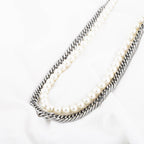 The Layered Pearl and Curb Chain Necklace in Steel, view 5