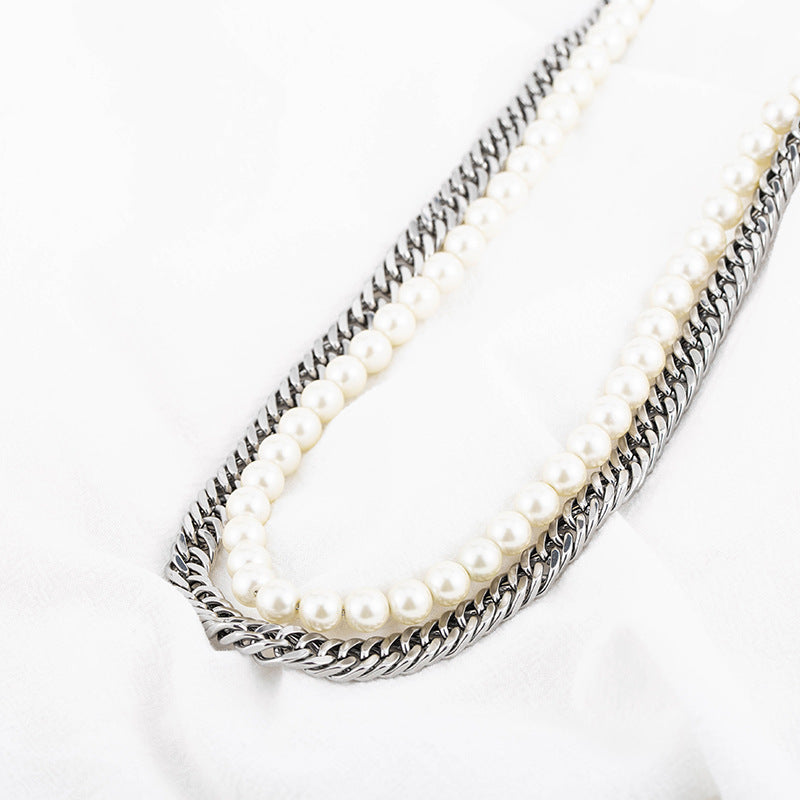 The Layered Pearl and Curb Chain Necklace in Steel, view 5