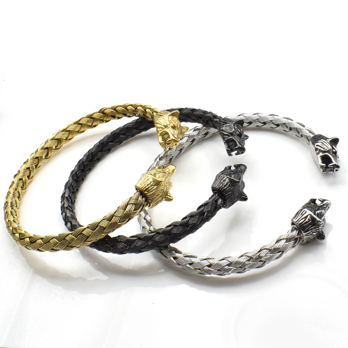 11mm Braided Wolf Head Stainless Steel Bracelet in silver finish view 4