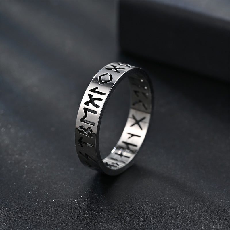 Hollow Rune Stainless Steel Band Ring in black finish view 3