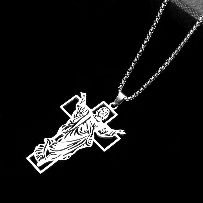 Titanium Steel Risen Christ Cross Necklace, black finish view 4