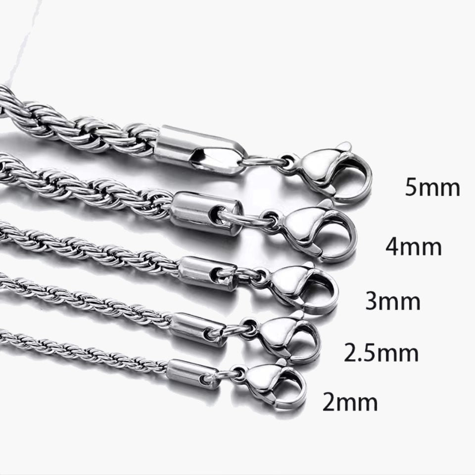2-5mm Stainless Steel Rope Chain on dark wood texture view 4