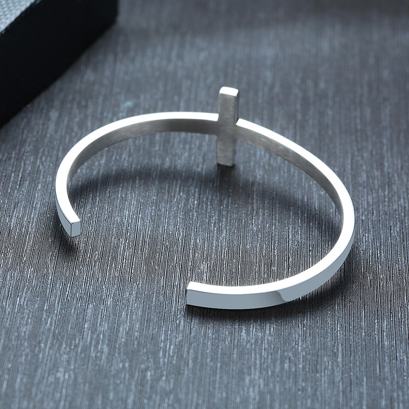 Minimalist Cross Cuff Bracelet - two bracelets, silver and black view 3