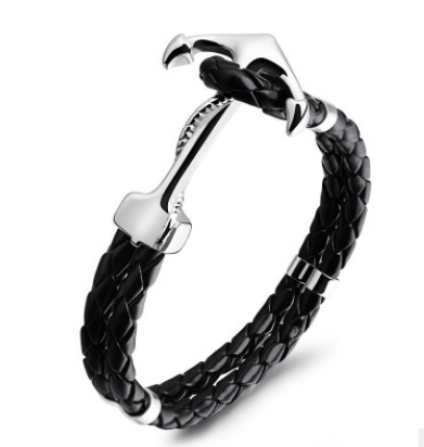 Braided Leather Anchor Hook Bracelet, black leather with silver-tone clasp