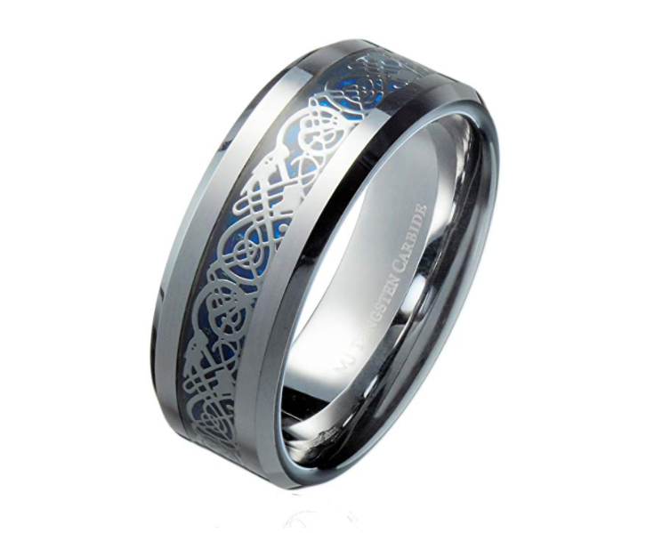 Tungsten Carbide Blue Celtic Ring with blue inlay and silver-tone knotwork