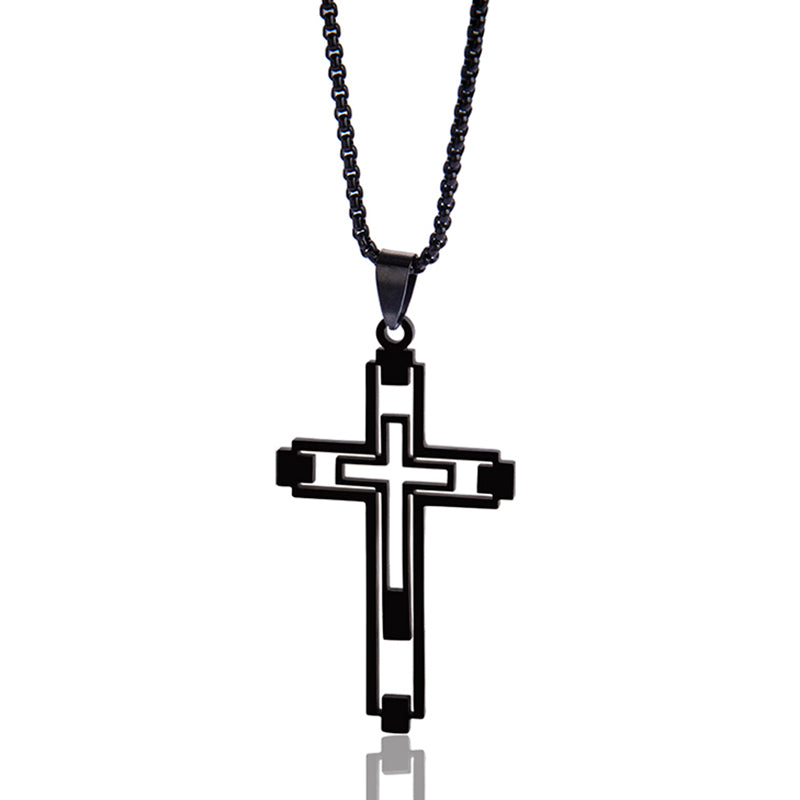 Hollow Geometric Cross Pendant Necklace, silver-tone on dark background view 6
