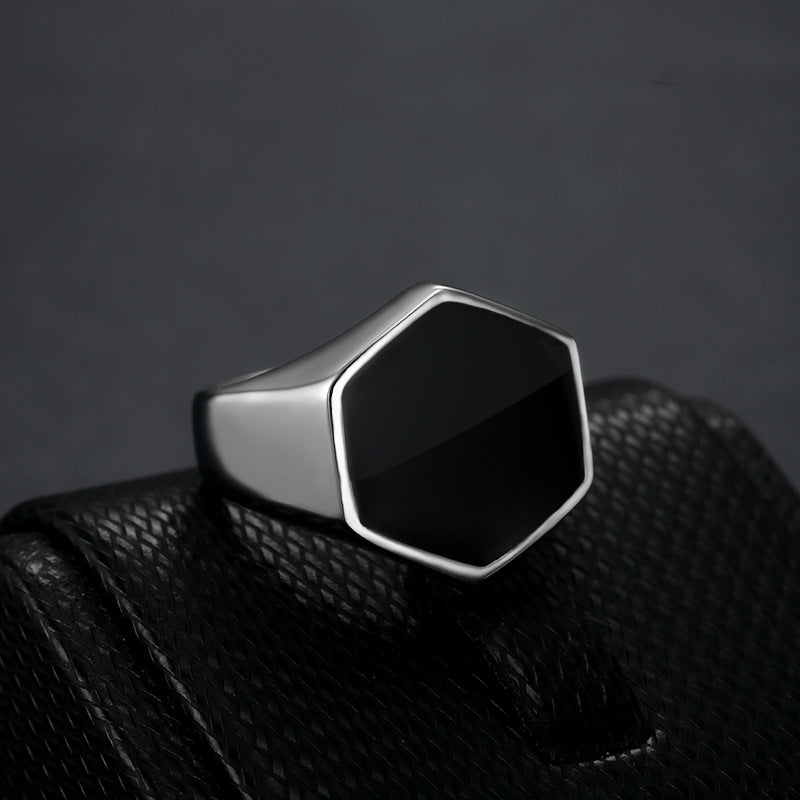 316L Stainless Steel Hexagon Signet Ring with black inlay view 4