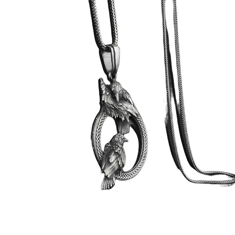 Black Titanium Steel Raven Pendant Necklace with two ravens and knotwork view 4