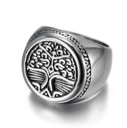 316L Stainless Steel Tree of Life Ring, signet style, viking design
