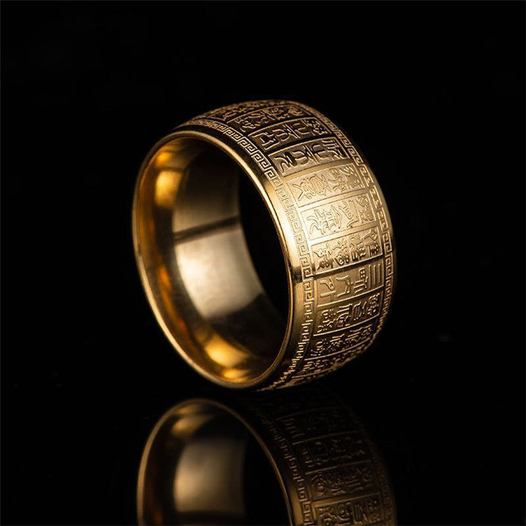 Etched Stainless Steel Band Ring, gold-tone finish, wide band, detailed pattern view 3