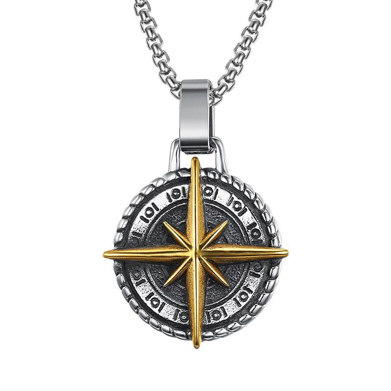 Stainless Steel Compass Pendant Necklace, silver-tone with detailed compass rose view 2