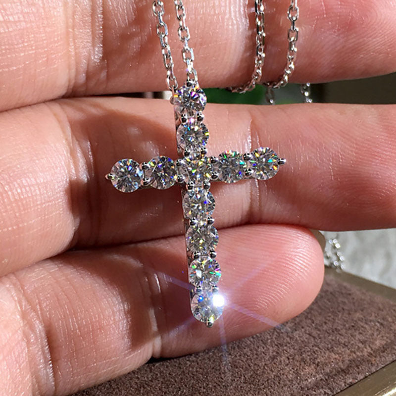 Titanium Steel CZ Cross Necklace, silver-tone cross with stones view 3