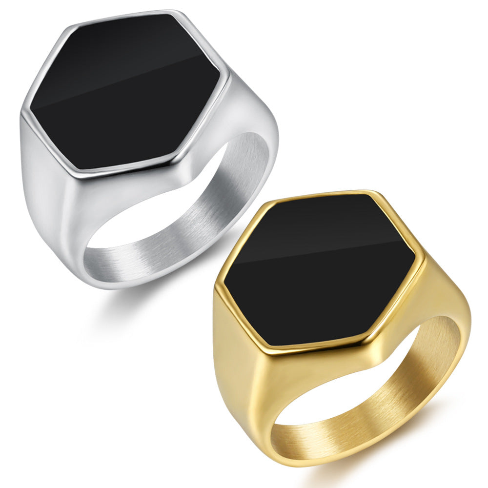 316L Stainless Steel Hexagon Signet Ring with black inlay view 2