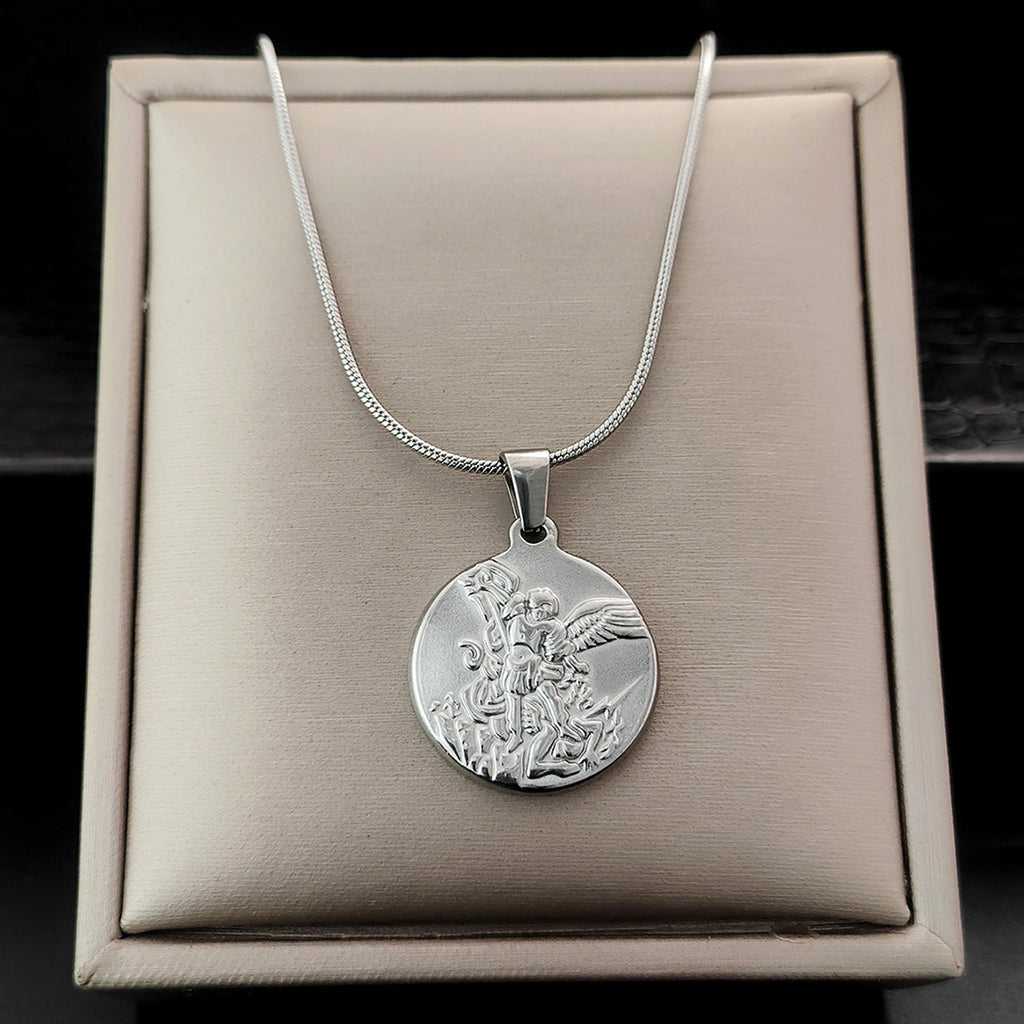 Archangel Michael Snake Chain Necklace silver finish view 2