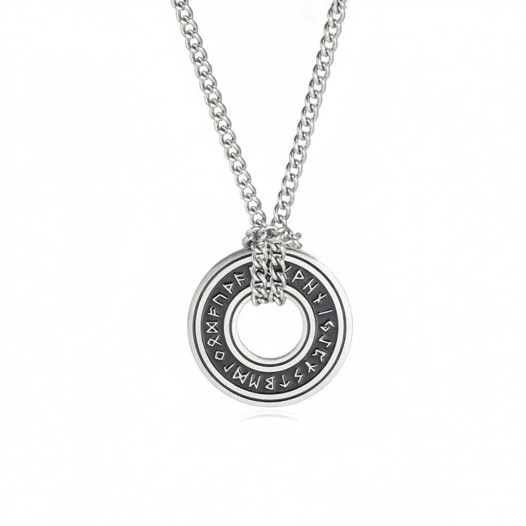 Viking Rune Circle Pendant Necklace gold-tone curb chain view 3
