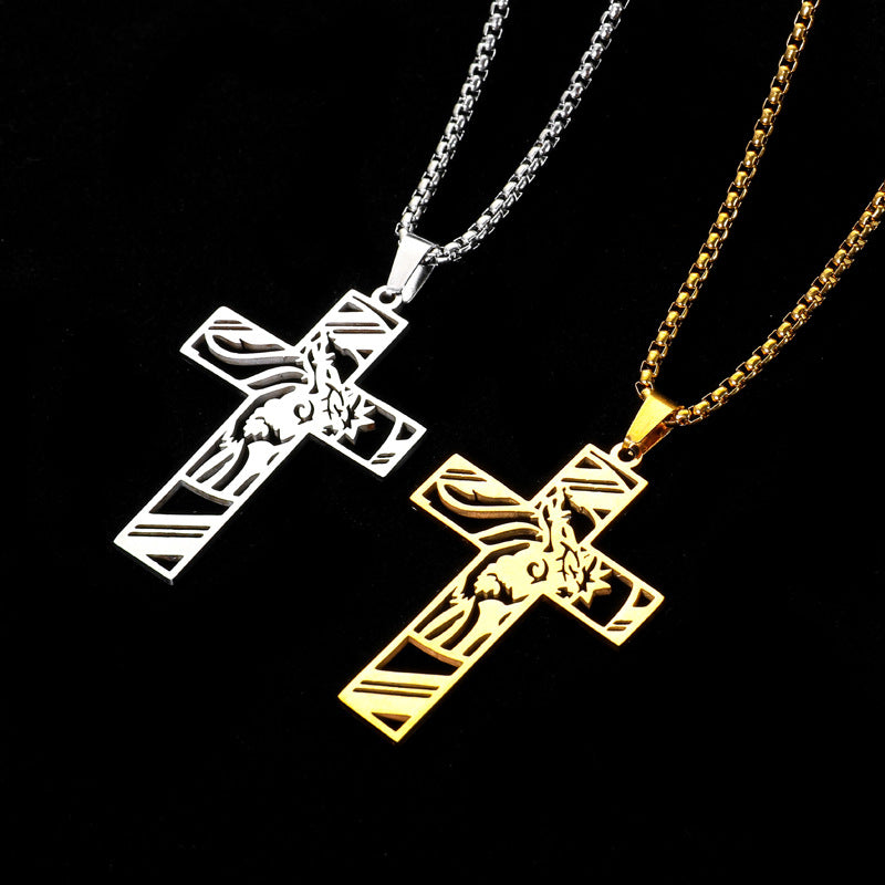 Hollow Cross Titanium Steel Pendant Necklace in silver and gold-tone finishes view 4
