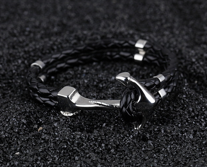 Braided Leather Anchor Hook Bracelet, black leather with silver-tone clasp view 2