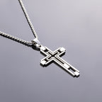 Hollow Geometric Cross Pendant Necklace, silver-tone on dark background view 4