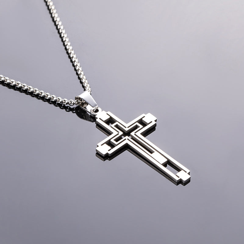 Hollow Geometric Cross Pendant Necklace, silver-tone on dark background view 4
