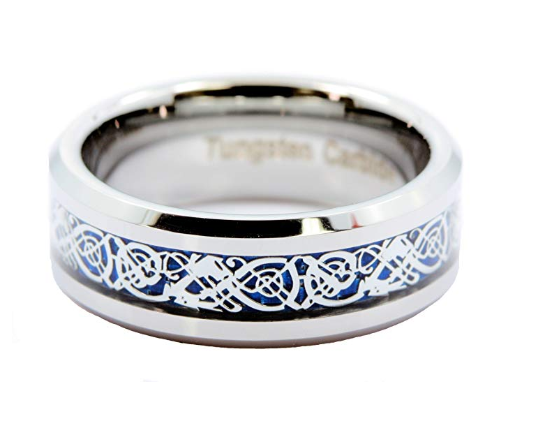 Tungsten Carbide Blue Celtic Ring with blue inlay and silver-tone knotwork view 2