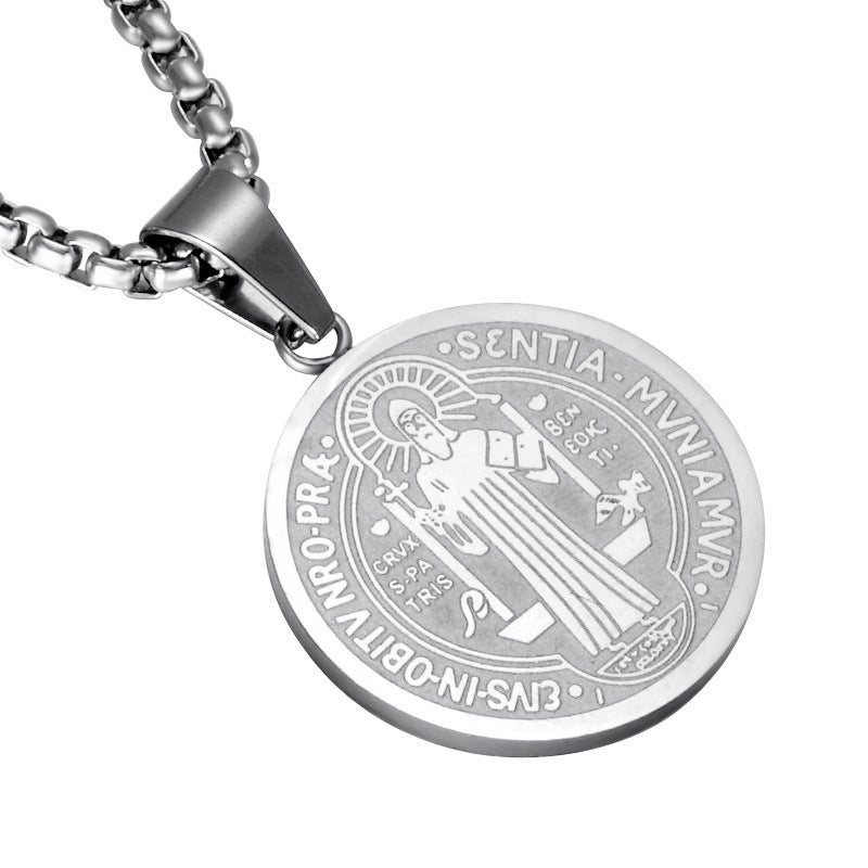 Saint Benedict Medal Pendant Necklace, silver-tone