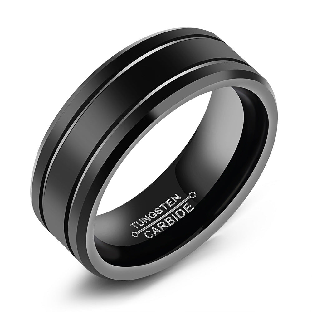 8mm Black Tungsten Carbide Dual Groove Ring on white background