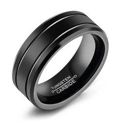 8mm Black Tungsten Carbide Dual Groove Ring on white background