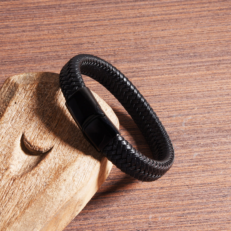 Black Braided Leather Magnetic Bracelet - black leather, magnetic clasp view 3