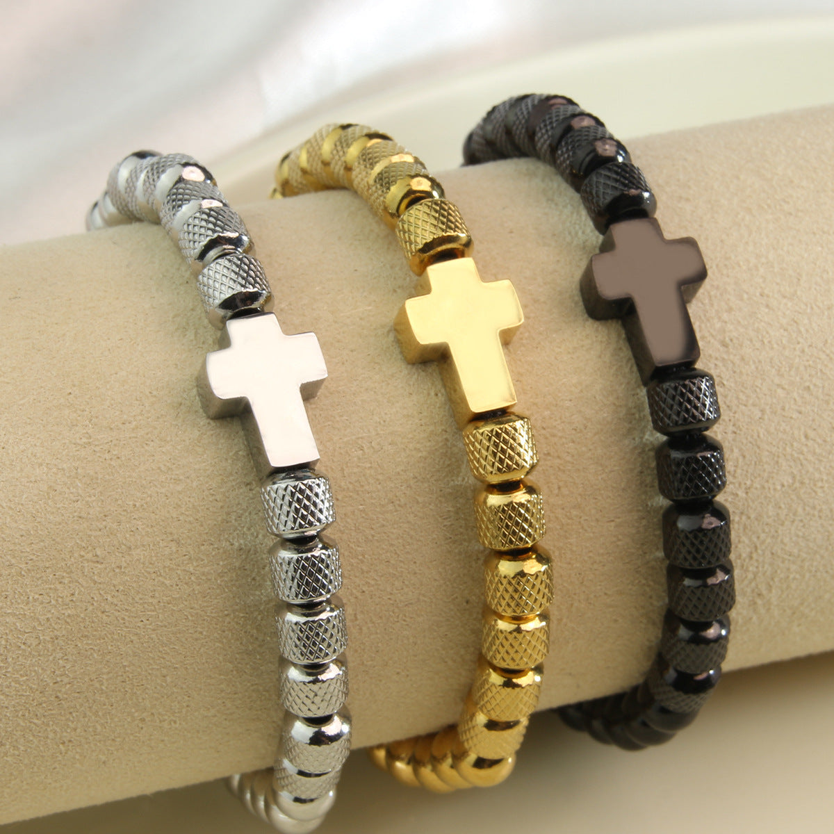 Cross Bead Adjustable Bracelet gold-tone knurled beads view 4