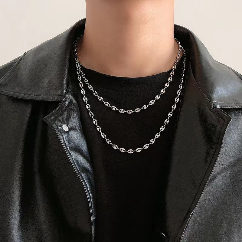 Titanium Steel Coffee Bean Link Necklace, silver chain view 4