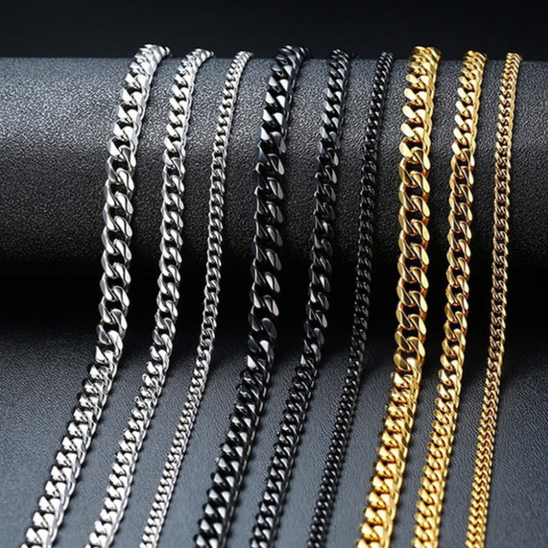 3-9mm Stainless Steel Curb Link Chain in silver, gold, and black finishes