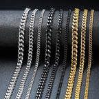3-9mm Stainless Steel Curb Link Chain in silver, gold, and black finishes