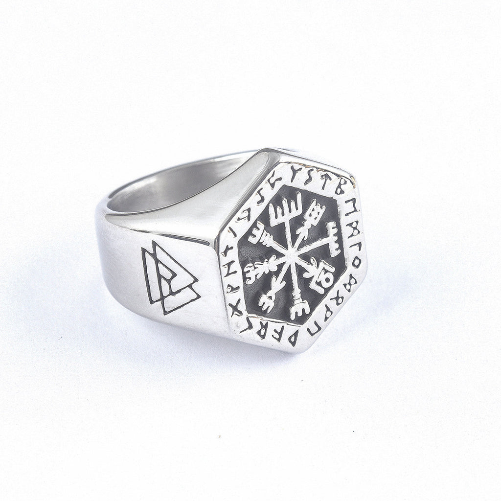 Stainless Steel Viking Compass Signet Ring with Vegvisir symbol
