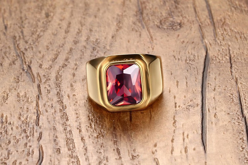 Geometric Red Gemstone Stainless Steel Ring - gold and black rings view 6