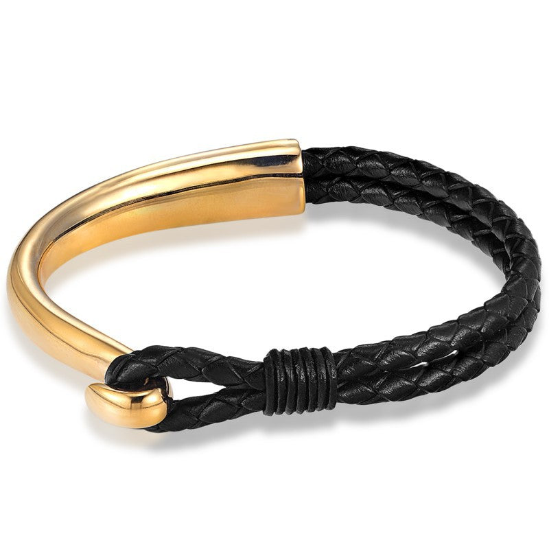 Braided Leather Curved Hook Bracelet in gold-tone and black view 6