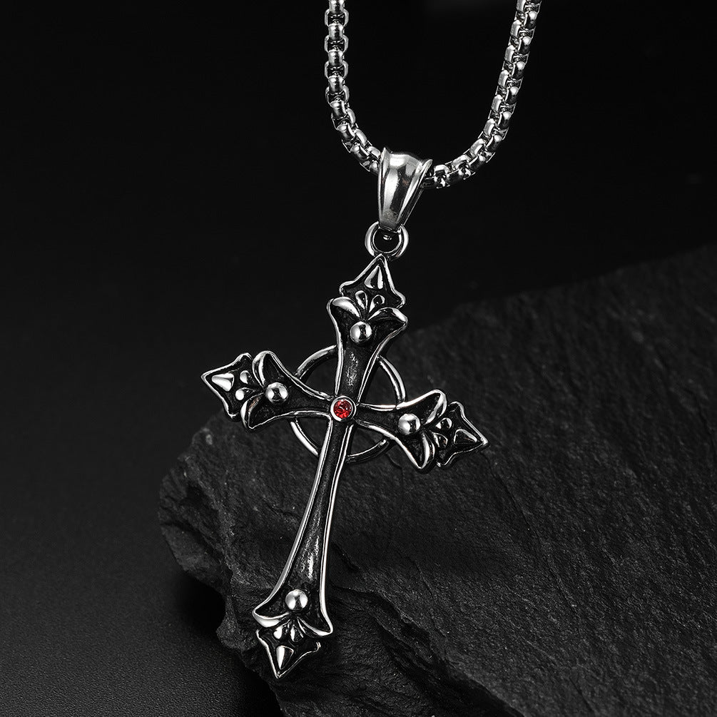 The Gothic Fleur Cross Pendant Necklace in Titanium Steel, view 2