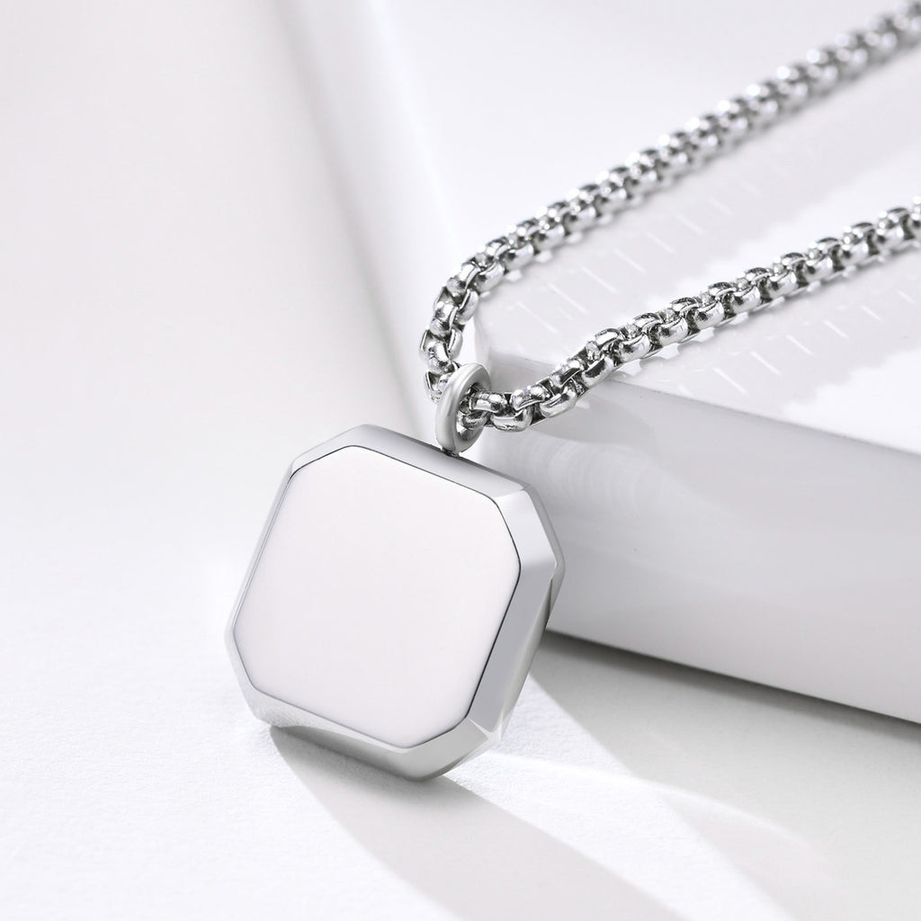 Titanium Steel Geometric Black Pendant Necklace, silver-tone with black center view 4