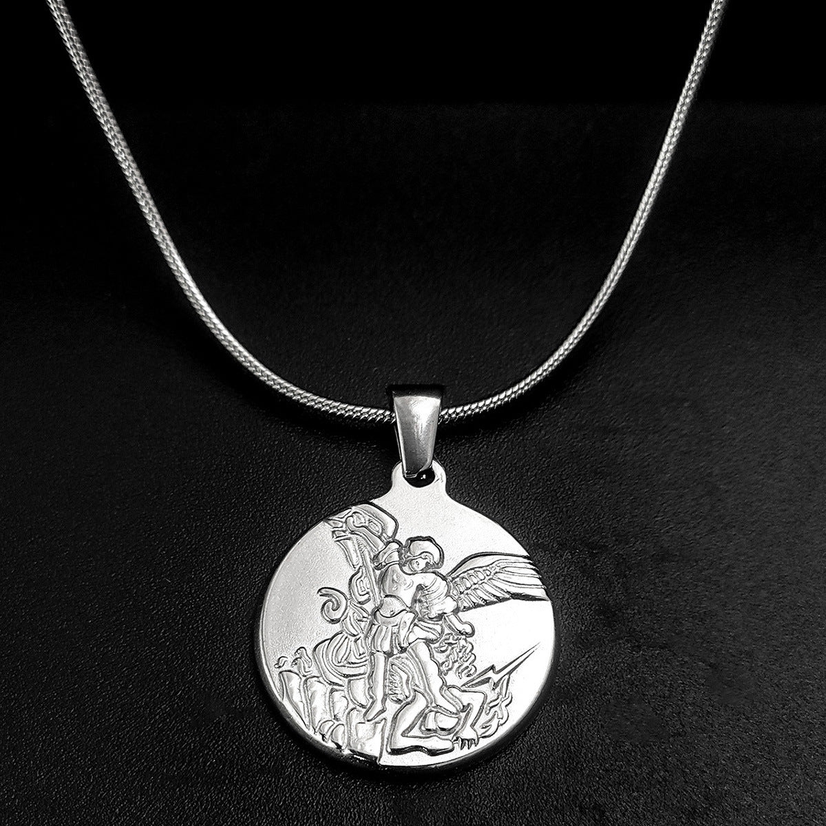 Archangel Michael Snake Chain Necklace silver finish view 3