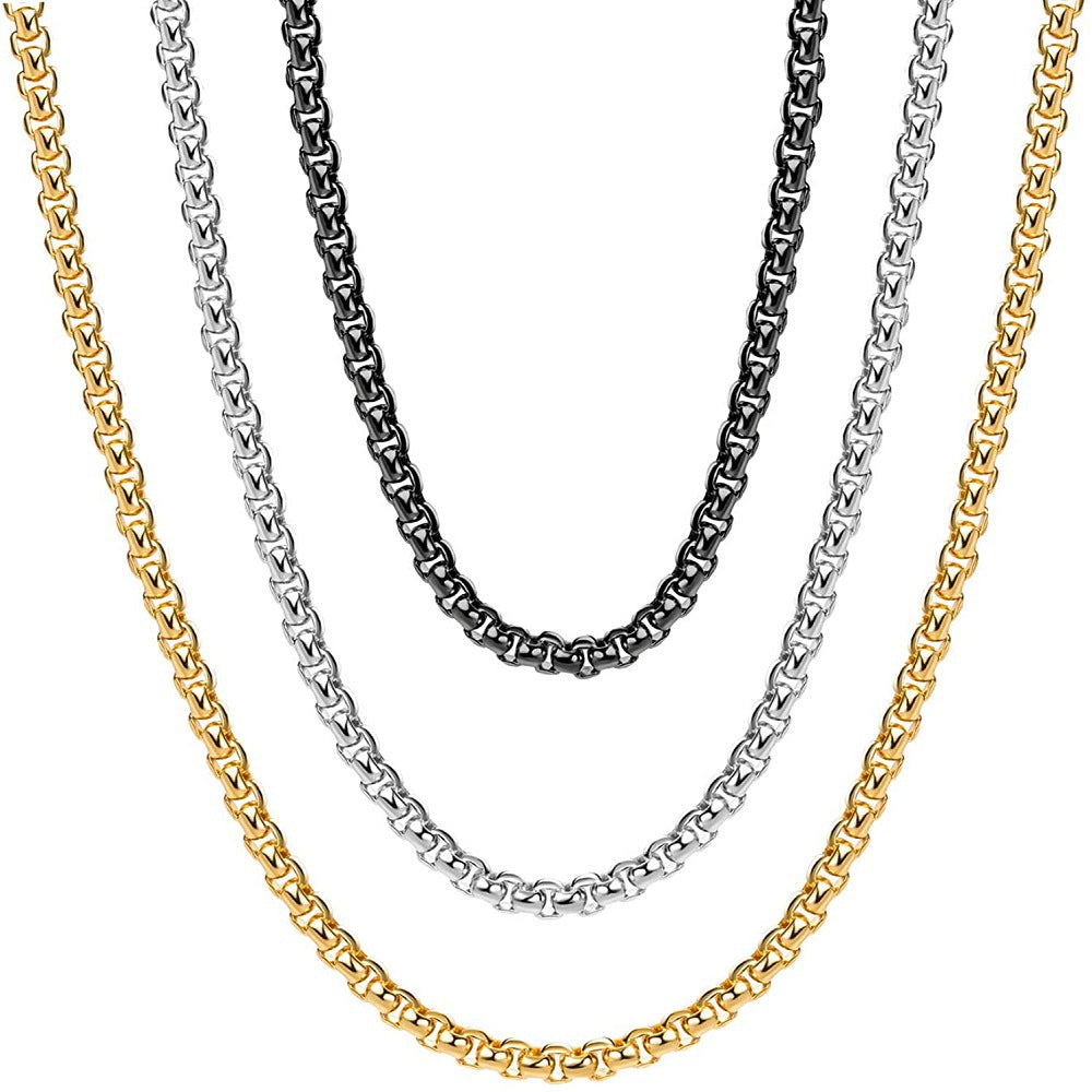2-4mm Stainless Steel Rolo Chain in silver, gold, and black finishes