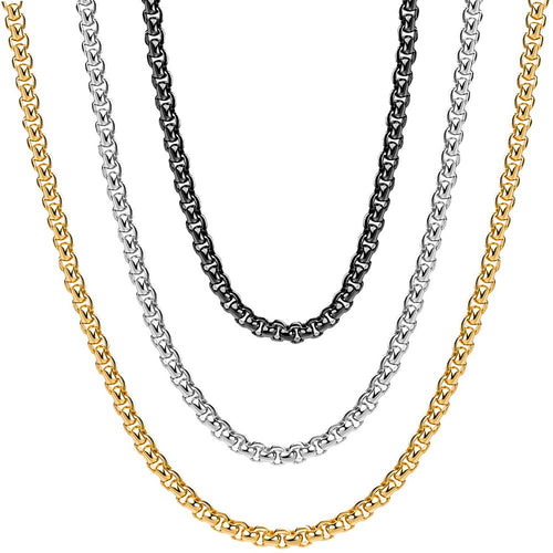 2-4mm Stainless Steel Rolo Chain in silver, gold, and black finishes