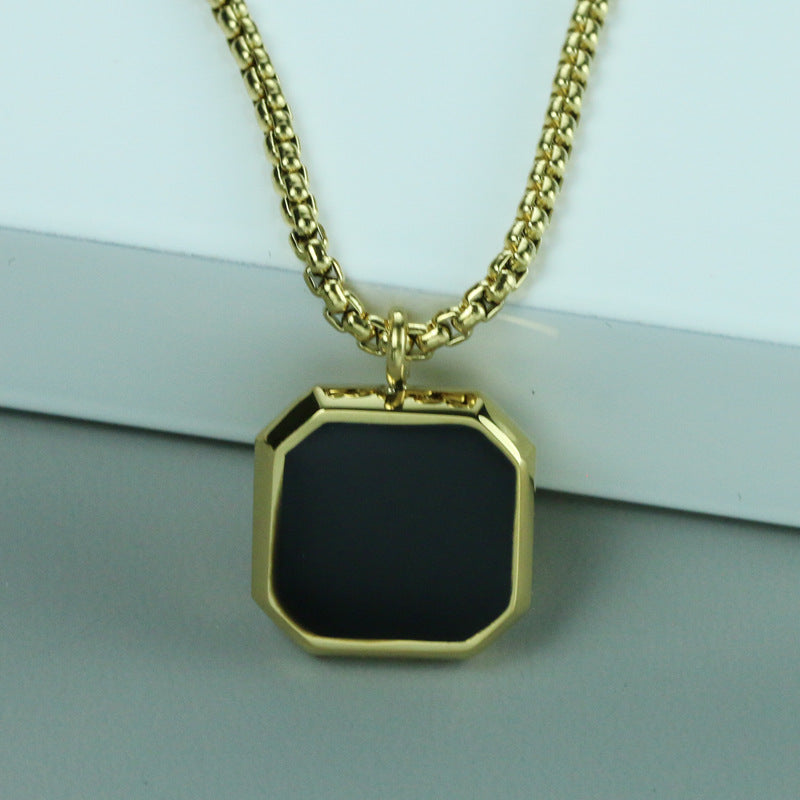 Titanium Steel Geometric Black Pendant Necklace, silver-tone with black center view 6