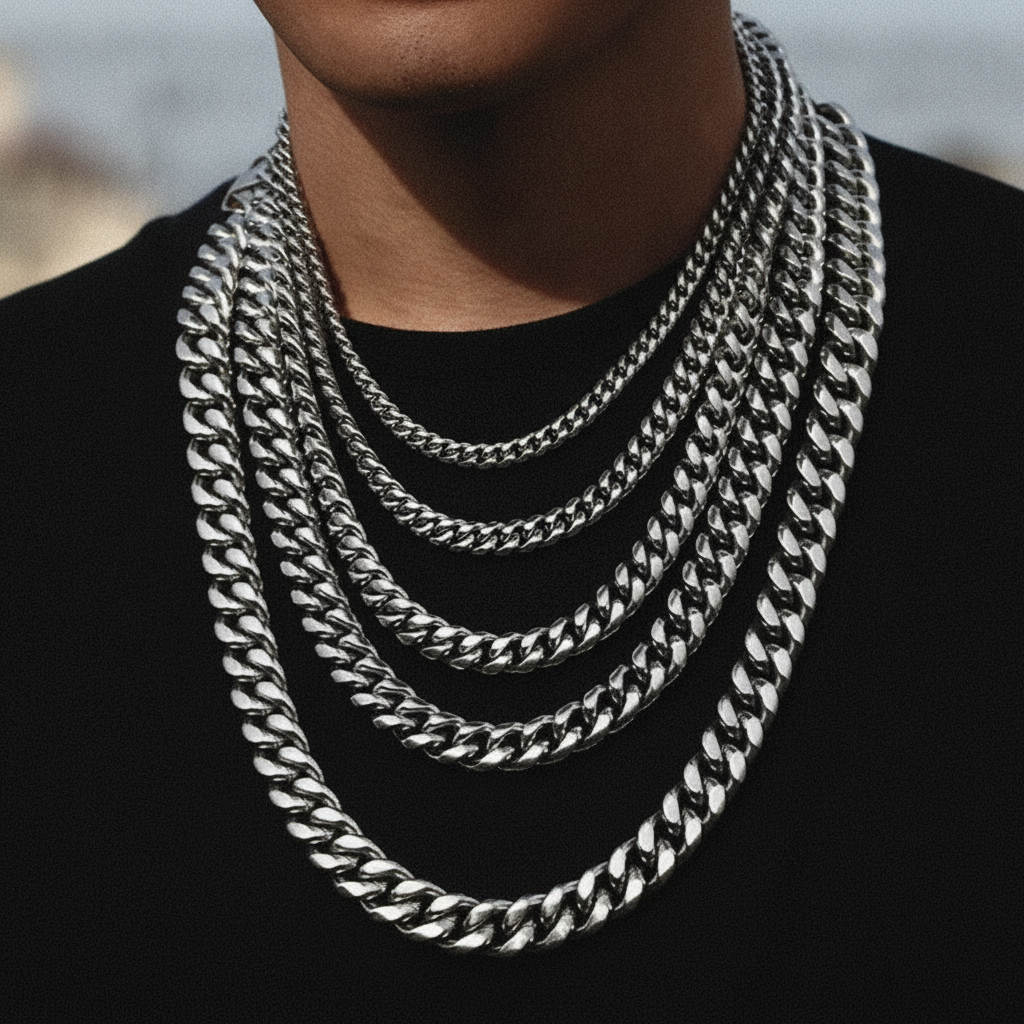 3-11mm Cuban Link Chain Necklace on model