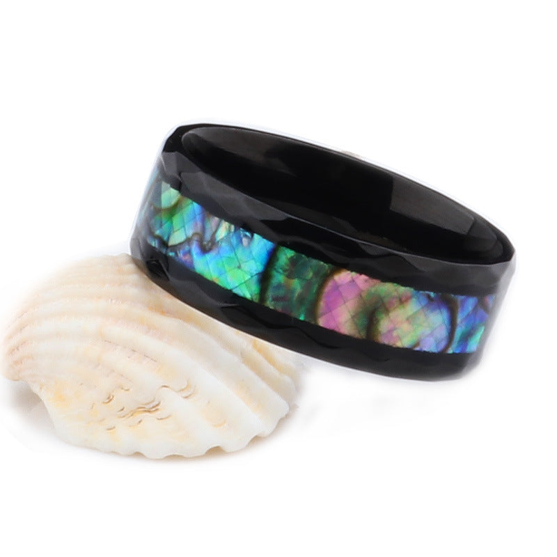 8mm Black Stainless Steel Abalone Inlay Band faceted texture iridescent view 4