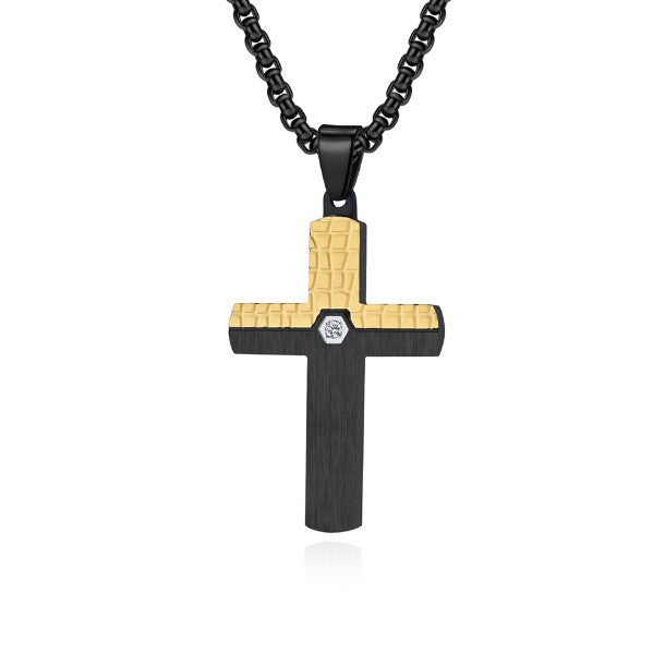 Two-Tone Inlaid Cross Pendant Necklace Black Silver finish view 6