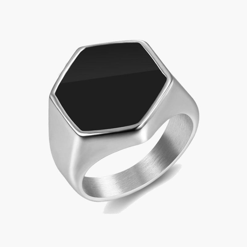 316L Stainless Steel Hexagon Signet Ring with black inlay