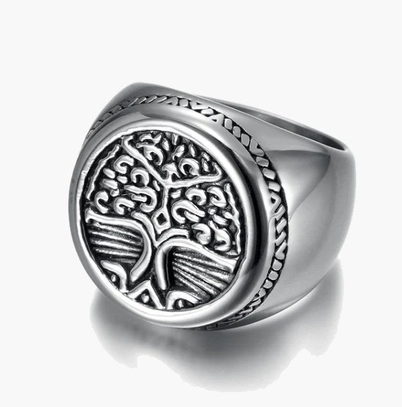316L Stainless Steel Tree of Life Ring, signet style, viking design