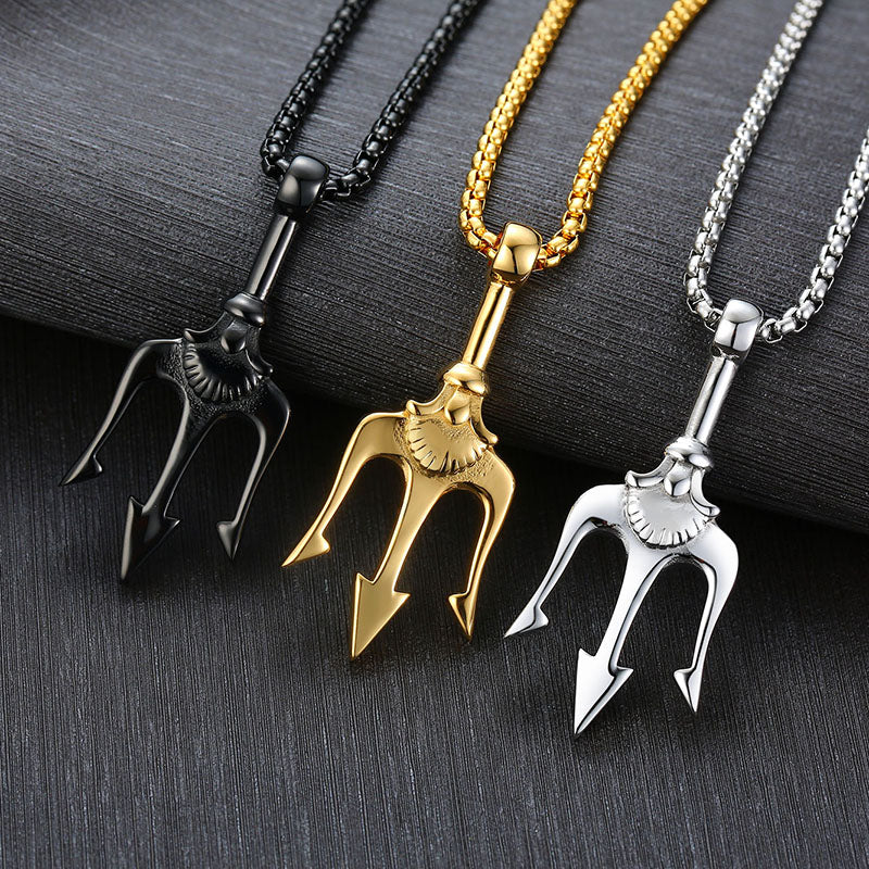 Titanium Steel Trident Pendant Necklace in black, gold, and silver finishes