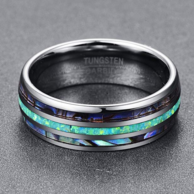 8mm Tungsten Carbide Opal Abalone Inlay Ring, iridescent, durable view 4