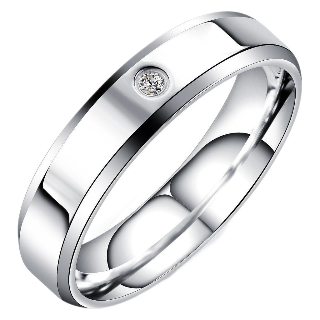 Stainless Steel Inlaid Cubic Zirconia Ring, polished silver-tone